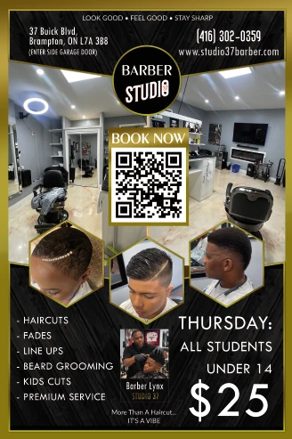Studio 37 Barbershop flyer featuring the shop, haircuts and booking information